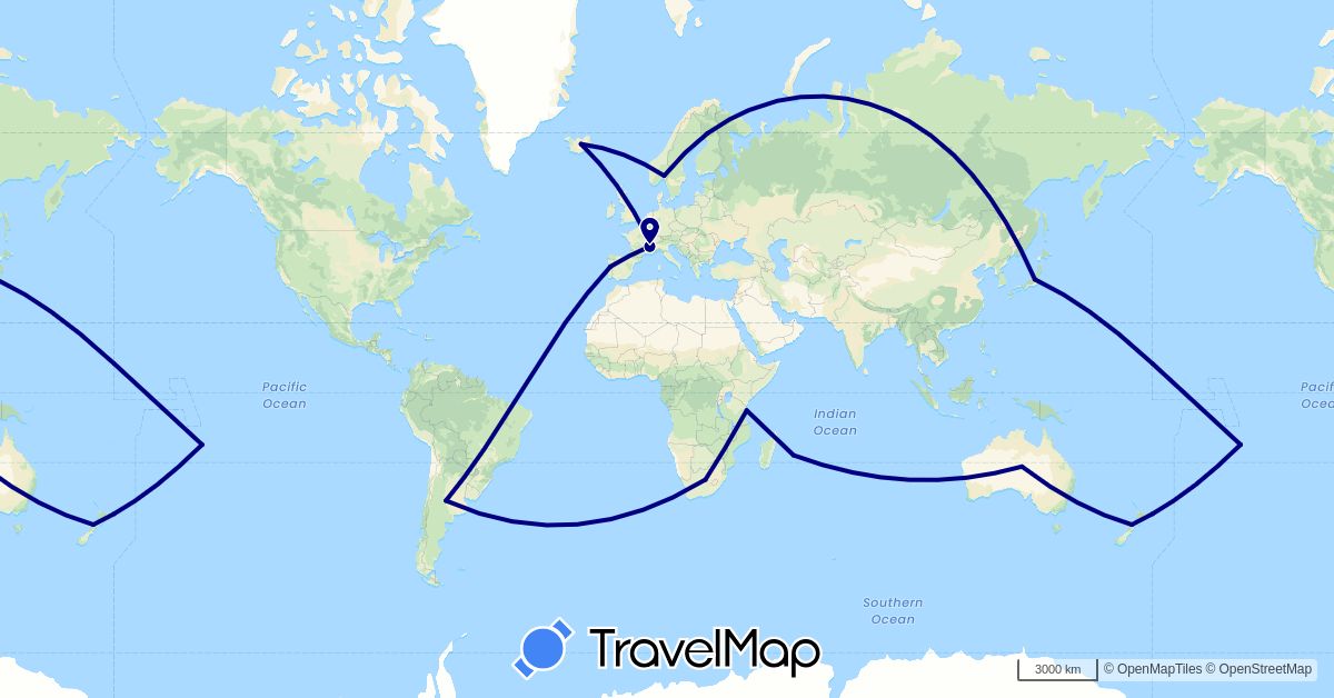 TravelMap itinerary: driving in Argentina, Australia, Finland, France, Iceland, Japan, Norway, New Zealand, Portugal, Tanzania, South Africa (Africa, Asia, Europe, Oceania, South America)